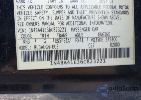 2006 Nissan Maxima 3.5 Sl z USA, uszkodzony, nr VIN 1N4BA41E36C823221